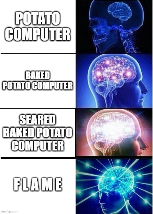 My computer  when I open 0.00000001% of a browser(Im on phone rn) | POTATO COMPUTER; BAKED POTATO COMPUTER; SEARED BAKED POTATO COMPUTER; F L A M E | image tagged in memes,expanding brain | made w/ Imgflip meme maker