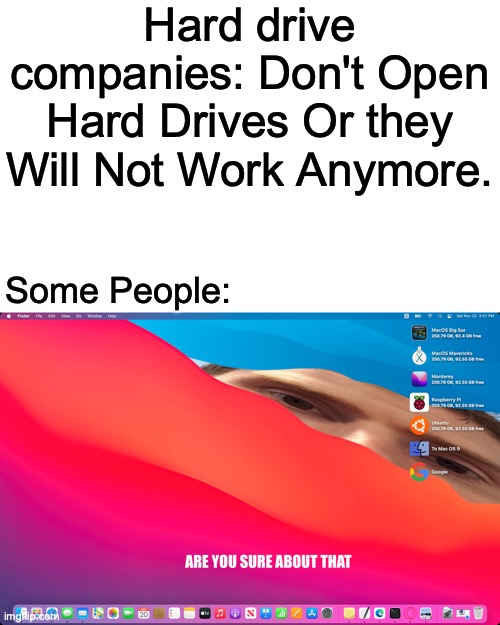Linus Are You Sure About That | Hard drive companies: Don't Open Hard Drives Or they Will Not Work Anymore. Some People: | image tagged in linus,macos big sur | made w/ Imgflip meme maker