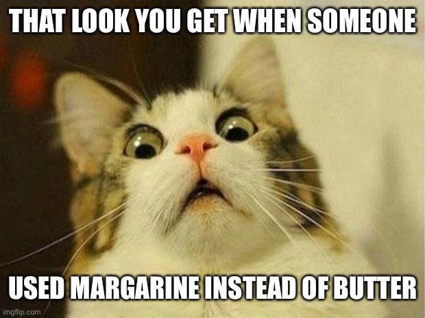 Cooking Humor | THAT LOOK YOU GET WHEN SOMEONE; USED MARGARINE INSTEAD OF BUTTER | image tagged in memes,scared cat | made w/ Imgflip meme maker