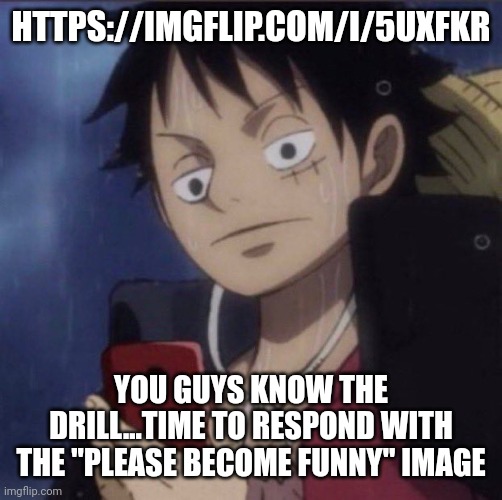 https://imgflip.com/i/5uxfkr | HTTPS://IMGFLIP.COM/I/5UXFKR; YOU GUYS KNOW THE DRILL...TIME TO RESPOND WITH THE "PLEASE BECOME FUNNY" IMAGE | image tagged in luffy phone | made w/ Imgflip meme maker