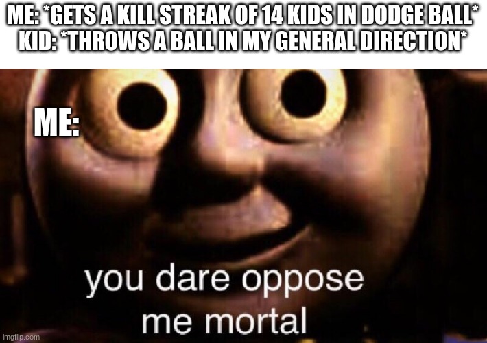 you dare oppose me mortal | ME: *GETS A KILL STREAK OF 14 KIDS IN DODGE BALL*
KID: *THROWS A BALL IN MY GENERAL DIRECTION*; ME: | image tagged in you dare oppose me mortal,dodgeball,kill streak,school | made w/ Imgflip meme maker