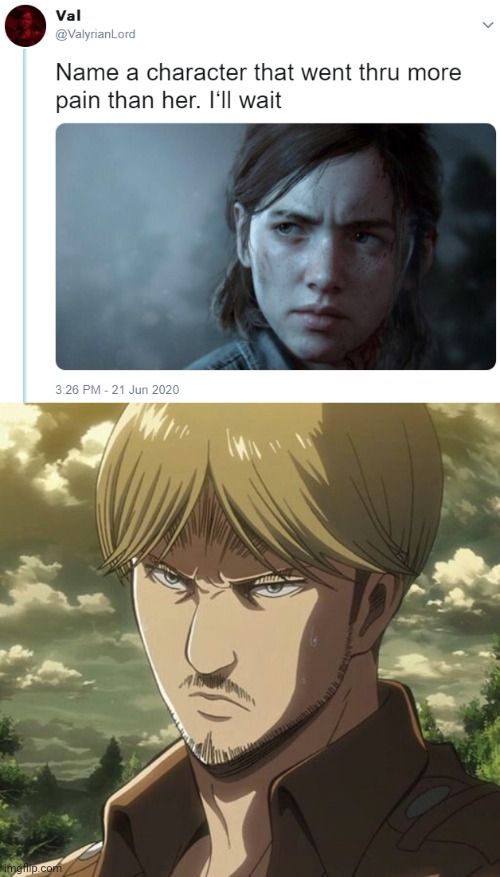 Poor mike didn't get to die before getting eaten by Titans. Instead he got eaten Alive while begging for his life | image tagged in name one character who went through more pain than her | made w/ Imgflip meme maker