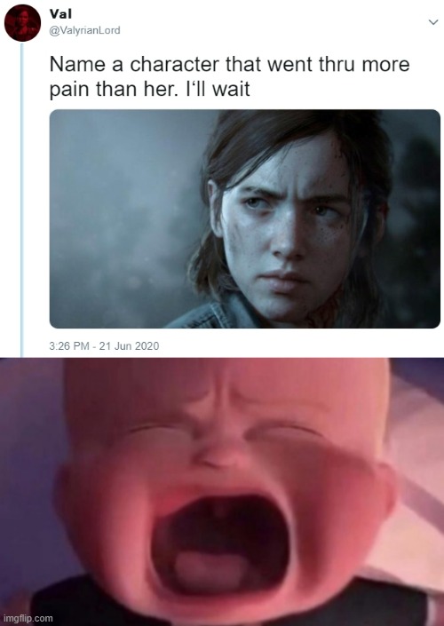 apparently | image tagged in name one character who went through more pain than her,boss baby crying | made w/ Imgflip meme maker