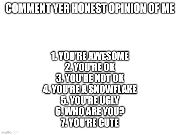 Blank White Template | COMMENT YER HONEST OPINION OF ME; 1. YOU'RE AWESOME
2. YOU'RE OK
3. YOU'RE NOT OK
4. YOU'RE A SNOWFLAKE
5. YOU'RE UGLY
6. WHO ARE YOU?
7. YOU'RE CUTE | image tagged in blank white template | made w/ Imgflip meme maker