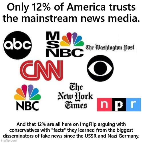 Propaganda became legal when Obama repealed an anti propaganda law. | Only 12% of America trusts the mainstream news media. And that 12% are all here on ImgFlip arguing with conservatives with "facts" they learned from the biggest disseminators of fake news since the USSR and Nazi Germany. | image tagged in lib mainstream media,fake news,no trust | made w/ Imgflip meme maker