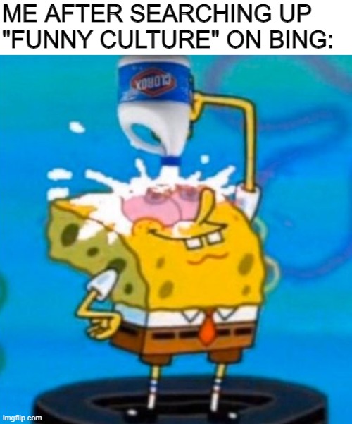 Spongebob pouring bleach in his eyes | ME AFTER SEARCHING UP "FUNNY CULTURE" ON BING: | image tagged in spongebob pouring bleach in his eyes,memes | made w/ Imgflip meme maker