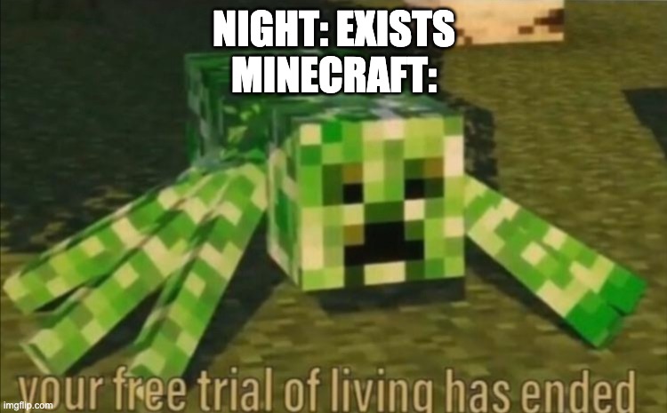 Your Free Trial of Living Has Ended | NIGHT: EXISTS
MINECRAFT: | image tagged in your free trial of living has ended | made w/ Imgflip meme maker