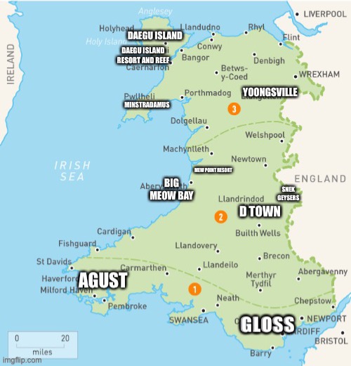 Updated map with national parks | DAEGU ISLAND RESORT AND REEF; MEW POINT RESORT; SNEK GEYSERS | image tagged in sugasland | made w/ Imgflip meme maker