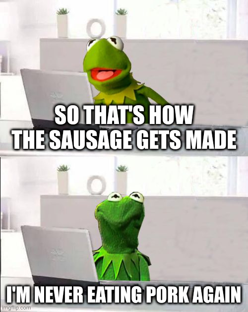 But how does the sausage get laid? |  SO THAT'S HOW THE SAUSAGE GETS MADE; I'M NEVER EATING PORK AGAIN | image tagged in hide the pain kermit | made w/ Imgflip meme maker