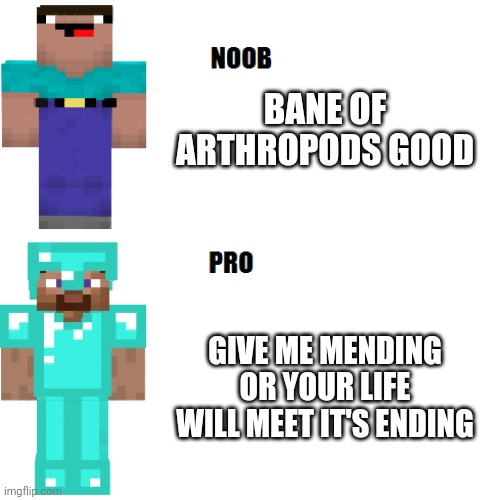 Noobs v pros | BANE OF ARTHROPODS GOOD; GIVE ME MENDING OR YOUR LIFE WILL MEET IT'S ENDING | image tagged in noob vs pro | made w/ Imgflip meme maker