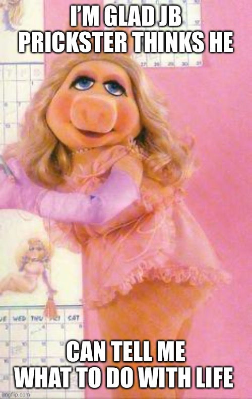 Miss Piggy’s opinion | I’M GLAD JB PRICKSTER THINKS HE; CAN TELL ME WHAT TO DO WITH LIFE | image tagged in miss piggy | made w/ Imgflip meme maker