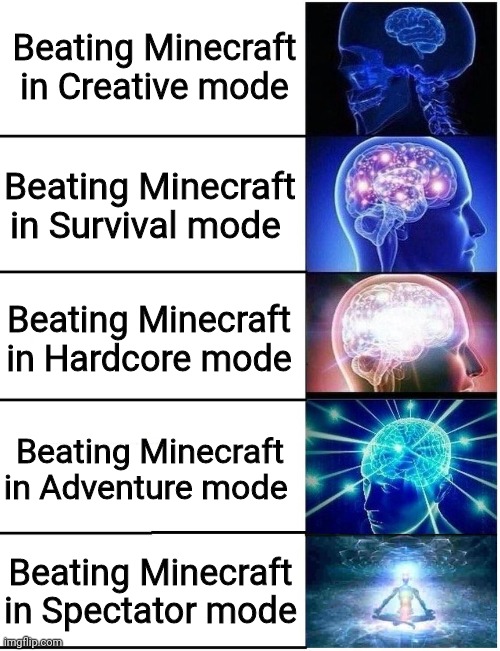 Expanding Brain 5 Panel | Beating Minecraft in Creative mode; Beating Minecraft in Survival mode; Beating Minecraft in Hardcore mode; Beating Minecraft in Adventure mode; Beating Minecraft in Spectator mode | image tagged in expanding brain 5 panel,minecraft | made w/ Imgflip meme maker