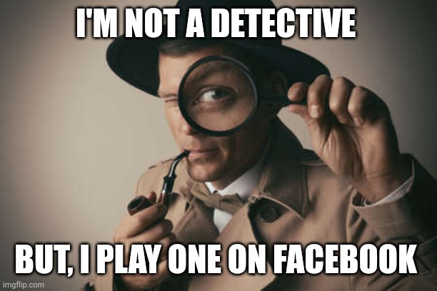 Facebook | I'M NOT A DETECTIVE; BUT, I PLAY ONE ON FACEBOOK | image tagged in facebook,facebook detective | made w/ Imgflip meme maker