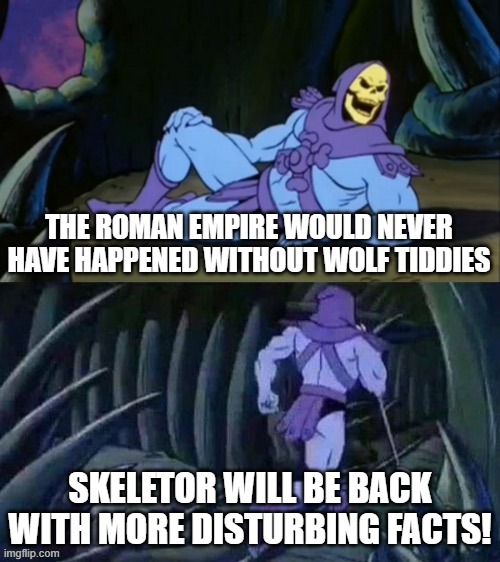 The truth about the Romans | THE ROMAN EMPIRE WOULD NEVER HAVE HAPPENED WITHOUT WOLF TIDDIES; SKELETOR WILL BE BACK WITH MORE DISTURBING FACTS! | image tagged in skeletor disturbing facts | made w/ Imgflip meme maker