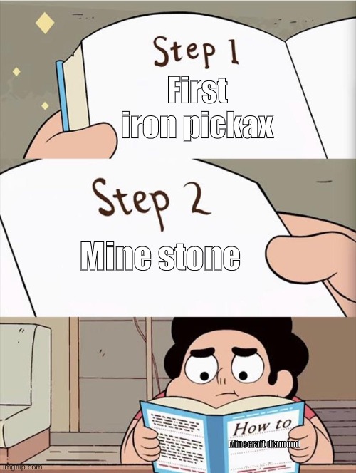 Mine stone boring | First iron pickax; Mine stone; Minecraft diamond | image tagged in step 1 step 1 | made w/ Imgflip meme maker
