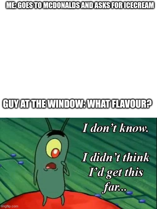 ME: GOES TO MCDONALDS AND ASKS FOR ICECREAM; GUY AT THE WINDOW: WHAT FLAVOUR? | image tagged in blank white template,i don't know i didn't think i'd get this far | made w/ Imgflip meme maker