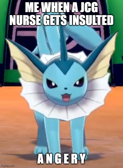 the person who said this: Why do i hear whistling? | ME WHEN A JCG NURSE GETS INSULTED; A N G E R Y | image tagged in angry vaporeon | made w/ Imgflip meme maker