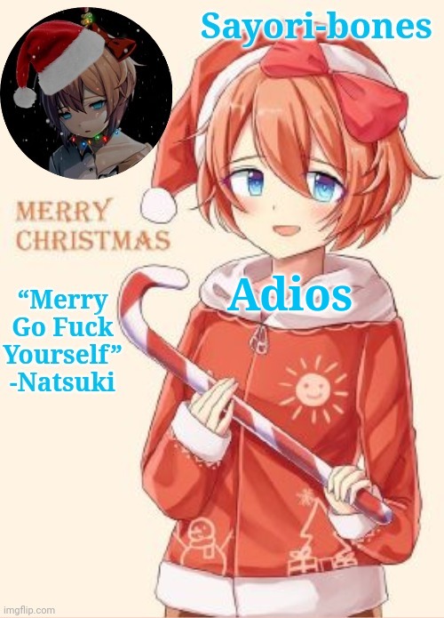 Sayori's Christmas temp | Adios | image tagged in sayori's christmas temp | made w/ Imgflip meme maker