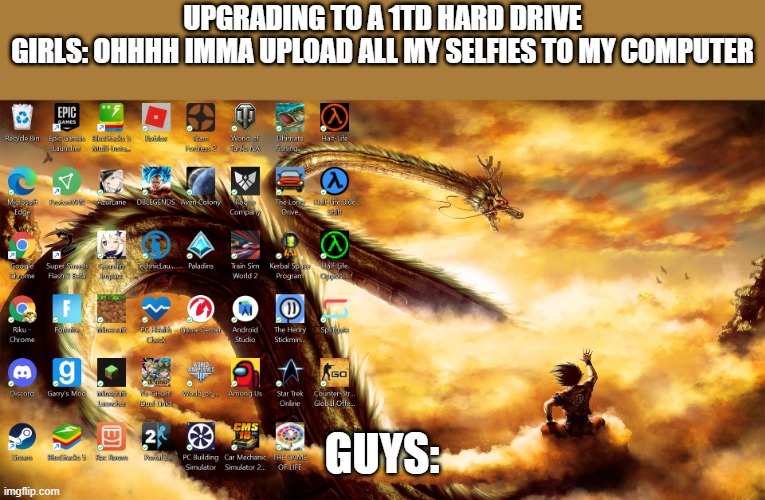 UPGRADING TO A 1TD HARD DRIVE
GIRLS: OHHHH IMMA UPLOAD ALL MY SELFIES TO MY COMPUTER; GUYS: | image tagged in boys vs girls | made w/ Imgflip meme maker