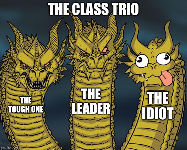 Class Trio | THE CLASS TRIO; THE LEADER; THE IDIOT; THE TOUGH ONE | image tagged in three-headed dragon | made w/ Imgflip meme maker