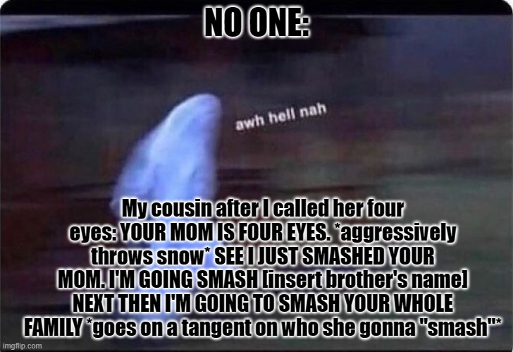 she was using "smash" in the context of beating them and it was funny asf cause yk. | NO ONE:; My cousin after I called her four eyes: YOUR MOM IS FOUR EYES. *aggressively throws snow* SEE I JUST SMASHED YOUR MOM. I'M GOING SMASH [insert brother's name] NEXT THEN I'M GOING TO SMASH YOUR WHOLE FAMILY *goes on a tangent on who she gonna "smash"* | image tagged in awh hell nah | made w/ Imgflip meme maker