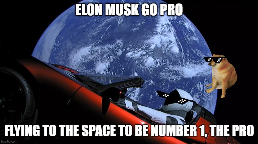 SpaceX Tesla | ELON MUSK GO PRO; FLYING TO THE SPACE TO BE NUMBER 1, THE PRO | image tagged in spacex tesla | made w/ Imgflip meme maker