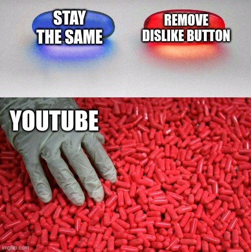 youtube be like | REMOVE DISLIKE BUTTON; STAY THE SAME; YOUTUBE | image tagged in blue or red pill | made w/ Imgflip meme maker