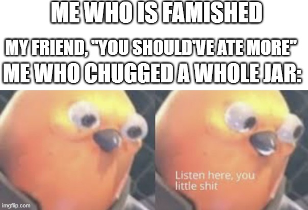 ar |  ME WHO IS FAMISHED; MY FRIEND, "YOU SHOULD'VE ATE MORE"; ME WHO CHUGGED A WHOLE JAR: | image tagged in listen here you little shit bird | made w/ Imgflip meme maker