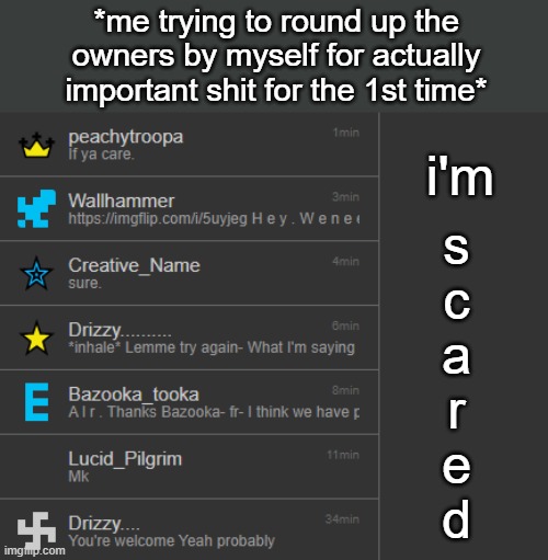amievenagoodowner. | *me trying to round up the owners by myself for actually important shit for the 1st time*; i'm; s
c
a
r
e
d | made w/ Imgflip meme maker