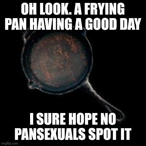PlayerUnknown BAttleground Frying Pan | OH LOOK. A FRYING PAN HAVING A GOOD DAY; I SURE HOPE NO PANSEXUALS SPOT IT | image tagged in playerunknown battleground frying pan | made w/ Imgflip meme maker