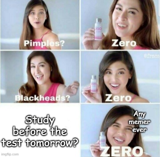 Pimples, Zero! | Any memer ever; Study before the test tomorrow? | image tagged in pimples zero | made w/ Imgflip meme maker