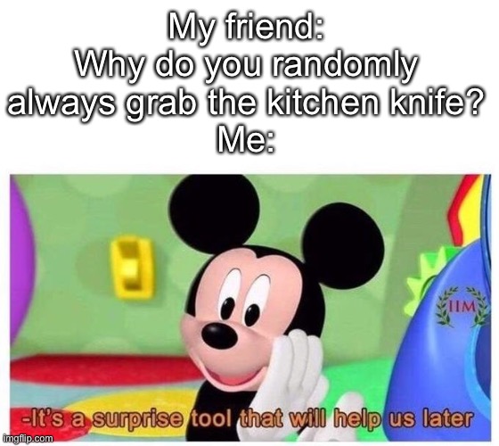 This isn’t even funny | My friend: Why do you randomly always grab the kitchen knife?
Me: | image tagged in it's a surprise tool that will help us later | made w/ Imgflip meme maker