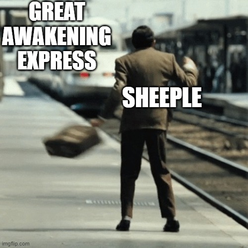 Mr Bean Missed Train | GREAT AWAKENING EXPRESS; SHEEPLE | image tagged in mr bean missed train | made w/ Imgflip meme maker