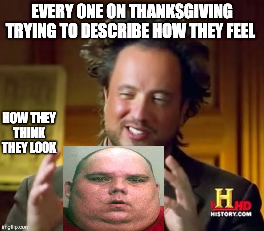 Ancient Aliens | EVERY ONE ON THANKSGIVING TRYING TO DESCRIBE HOW THEY FEEL; HOW THEY THINK THEY LOOK | image tagged in memes,ancient aliens | made w/ Imgflip meme maker