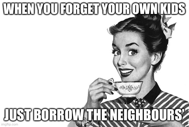 Motherhood in the 50s | WHEN YOU FORGET YOUR OWN KIDS; JUST BORROW THE NEIGHBOURS’ | image tagged in 1950s housewife,kids | made w/ Imgflip meme maker