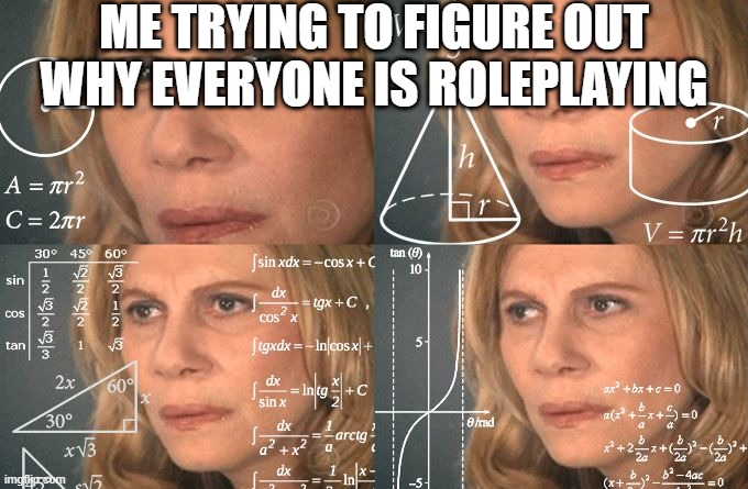 i will never find out | ME TRYING TO FIGURE OUT WHY EVERYONE IS ROLEPLAYING | image tagged in calculating meme | made w/ Imgflip meme maker