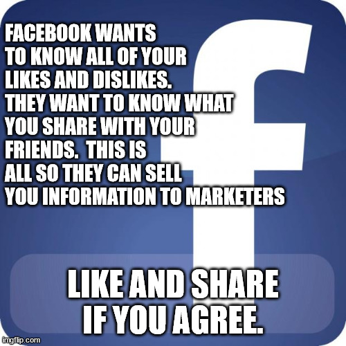 facebook | FACEBOOK WANTS TO KNOW ALL OF YOUR LIKES AND DISLIKES.  THEY WANT TO KNOW WHAT YOU SHARE WITH YOUR FRIENDS.  THIS IS ALL SO THEY CAN SELL YOU INFORMATION TO MARKETERS; LIKE AND SHARE IF YOU AGREE. | image tagged in facebook,like and share | made w/ Imgflip meme maker
