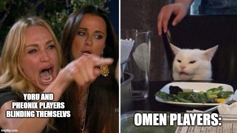 Woman yelling at white cat |  YORU AND PHEONIX PLAYERS BLINDING THEMSELVS; OMEN PLAYERS: | image tagged in woman yelling at white cat | made w/ Imgflip meme maker