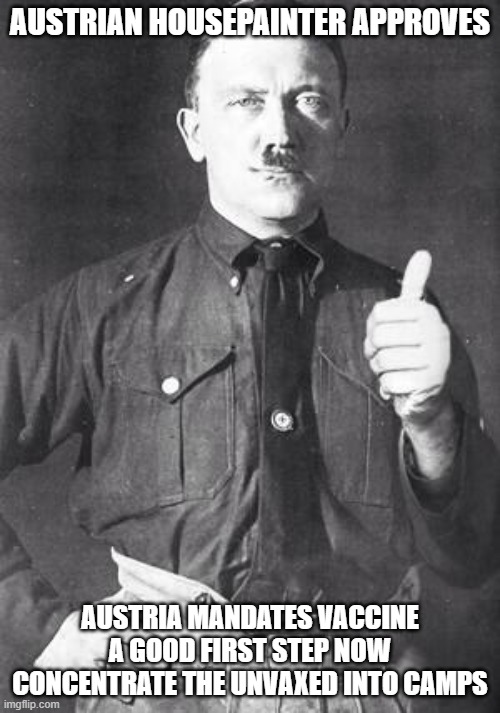 Hitler | AUSTRIAN HOUSEPAINTER APPROVES; AUSTRIA MANDATES VACCINE A GOOD FIRST STEP NOW CONCENTRATE THE UNVAXED INTO CAMPS | image tagged in hitler | made w/ Imgflip meme maker