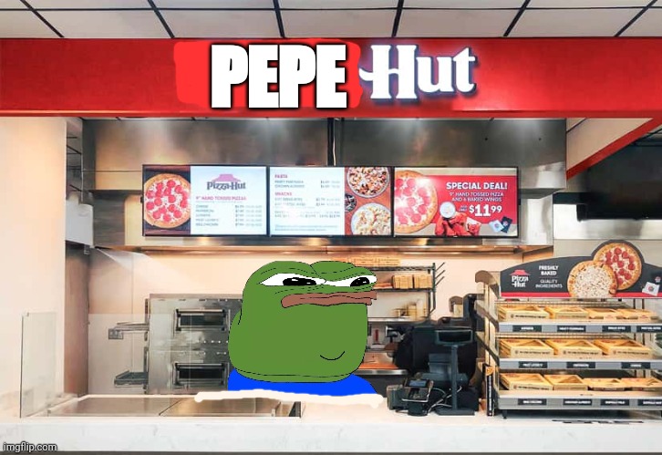 New pizza restaurant! | PEPE | image tagged in pepe the frog,pepe,party,pizza,restaurant | made w/ Imgflip meme maker