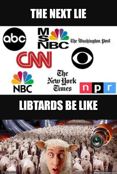 THE NEXT LIE; LIBTARDS BE LIKE | image tagged in media lies,sheeple | made w/ Imgflip meme maker