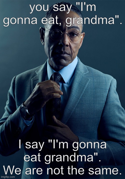 we are not the same | you say "I'm gonna eat, grandma". I say "I'm gonna eat grandma".
We are not the same. | image tagged in gus fring we are not the same,grandma,eating,bruh,funny,funny memes | made w/ Imgflip meme maker