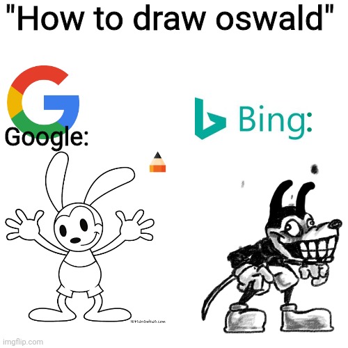 bing looks like poopoo shit | "How to draw oswald"; Google:; : | image tagged in blank transparent square,bing,google,memes | made w/ Imgflip meme maker