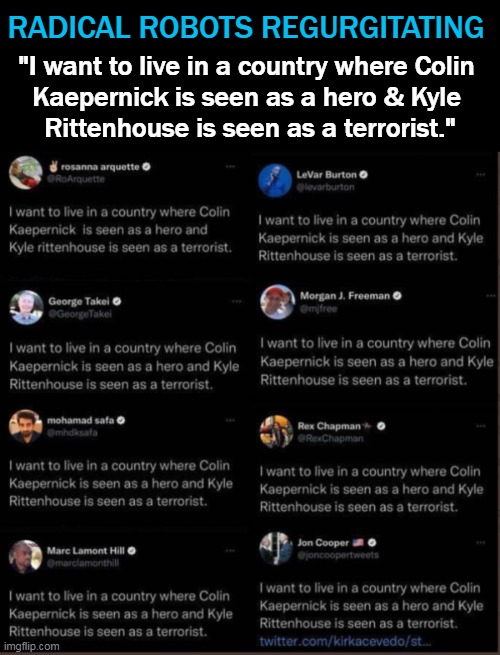 Reasonable Americans Don't Choose To Live In An Idiocracy | RADICAL ROBOTS REGURGITATING; "I want to live in a country where Colin 
Kaepernick is seen as a hero & Kyle 
Rittenhouse is seen as a terrorist." | image tagged in political meme,leftists,liberalism,whining,democratic socialism | made w/ Imgflip meme maker