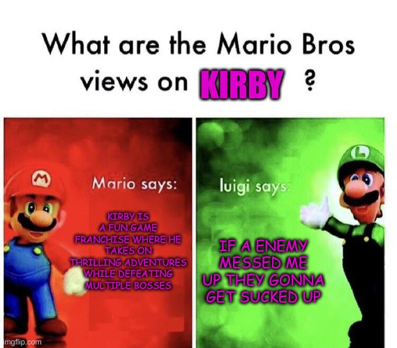 mario bros views | KIRBY; KIRBY IS A FUN GAME FRANCHISE WHERE HE TAKES ON THRILLING ADVENTURES WHILE DEFEATING MULTIPLE BOSSES; IF A ENEMY MESSED ME UP THEY GONNA GET SUCKED UP | image tagged in mario bros views | made w/ Imgflip meme maker