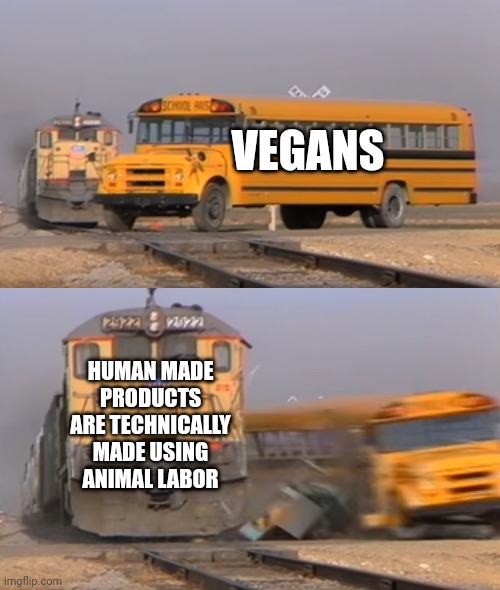 Humans are literally animals | VEGANS; HUMAN MADE PRODUCTS ARE TECHNICALLY MADE USING ANIMAL LABOR | image tagged in a train hitting a school bus | made w/ Imgflip meme maker