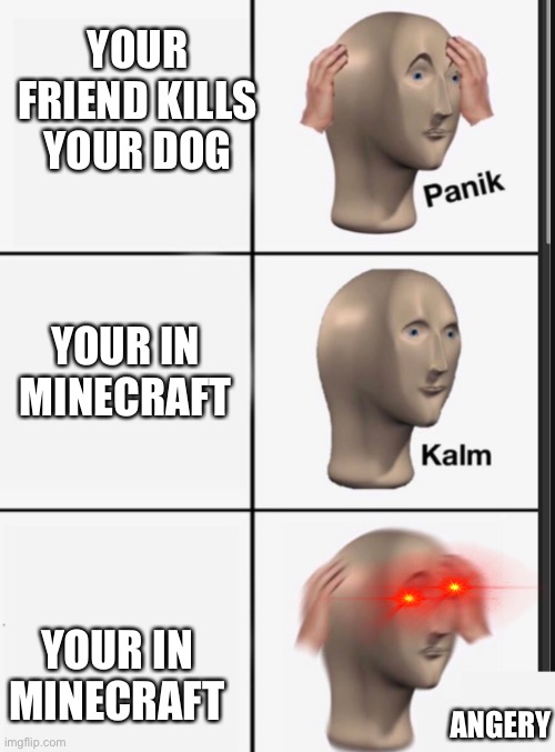 KILL MY DOG, I KILL YOU | YOUR FRIEND KILLS YOUR DOG; YOUR IN MINECRAFT; YOUR IN MINECRAFT; ANGERY | image tagged in panik kalm angery,dogs,minecraft | made w/ Imgflip meme maker
