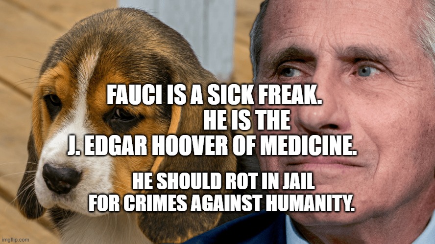 Fauci's Ouchie | FAUCI IS A SICK FREAK.                HE IS THE J. EDGAR HOOVER OF MEDICINE. HE SHOULD ROT IN JAIL FOR CRIMES AGAINST HUMANITY. | image tagged in fauci's ouchie | made w/ Imgflip meme maker