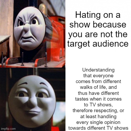 No show is not affiliated with toxic people | Hating on a show because you are not the target audience; Understanding that everyone comes from different walks of life, and thus have different tastes when it comes to TV shows, therefore respecting, or at least handling every single opinion towards different TV shows | image tagged in james hotline bling | made w/ Imgflip meme maker