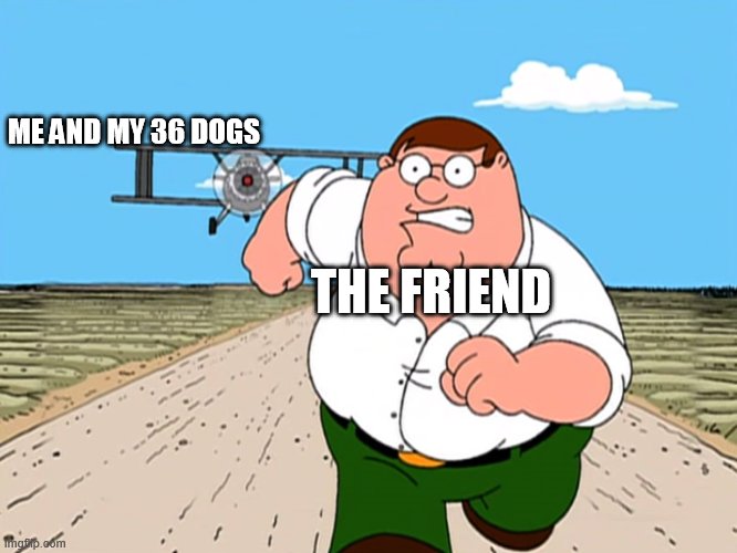 Peter Griffin running away | ME AND MY 36 DOGS THE FRIEND | image tagged in peter griffin running away | made w/ Imgflip meme maker